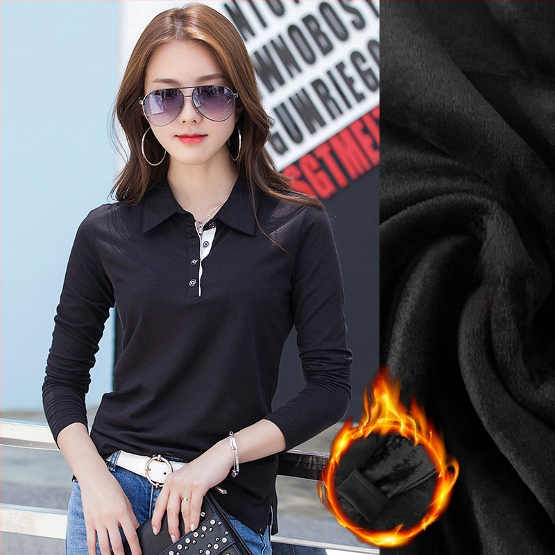 Hosszú ujjú, hajtókás ing, női tavaszi-nyári, meleg, polár béléssel ellátott, vastagított, sokoldalú pamut koreai póló 1818-2