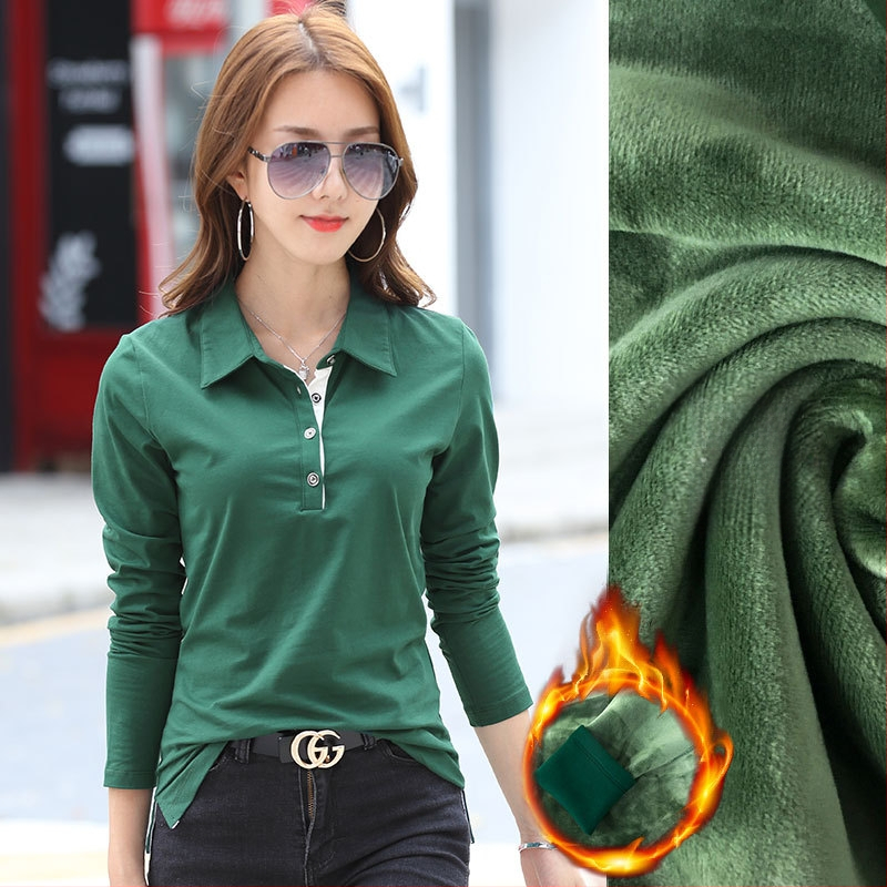 Hosszú ujjú, hajtókás ing, női tavaszi-nyári, meleg, polár béléssel ellátott, vastagított, sokoldalú pamut koreai póló 1818-2