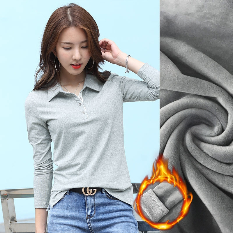 Hosszú ujjú, hajtókás ing, női tavaszi-nyári, meleg, polár béléssel ellátott, vastagított, sokoldalú pamut koreai póló 1818-2