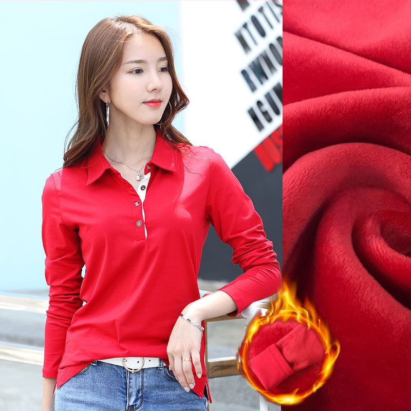 Hosszú ujjú, hajtókás ing, női tavaszi-nyári, meleg, polár béléssel ellátott, vastagított, sokoldalú pamut koreai póló 1818-2