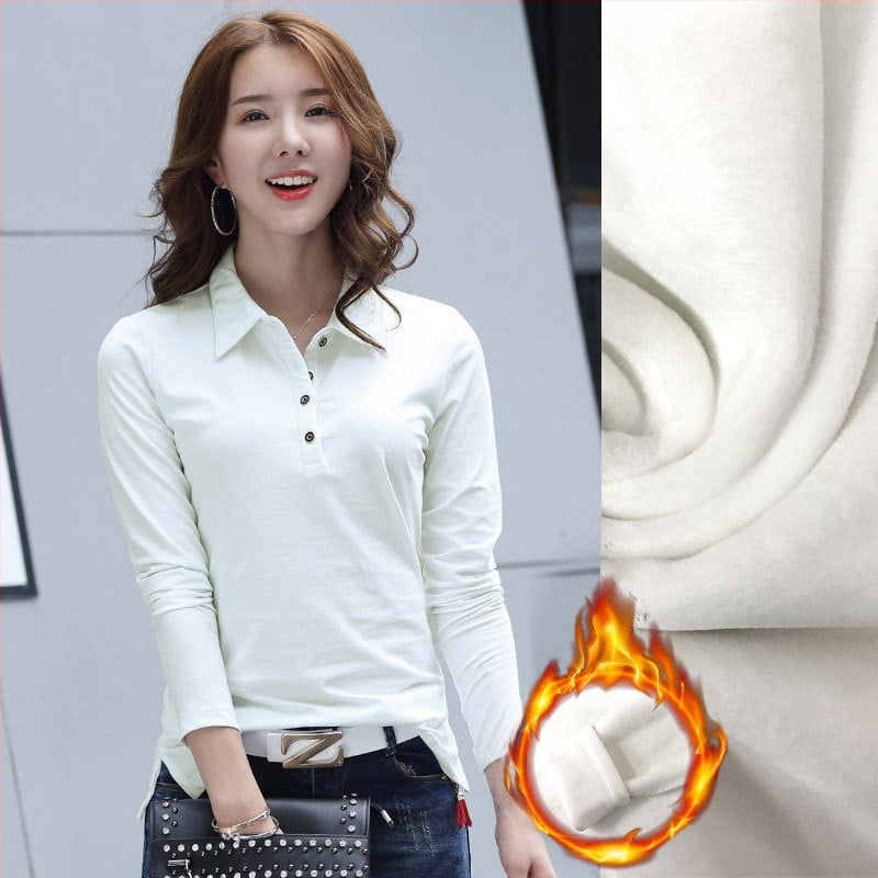 Hosszú ujjú, hajtókás ing, női tavaszi-nyári, meleg, polár béléssel ellátott, vastagított, sokoldalú pamut koreai póló 1818-2