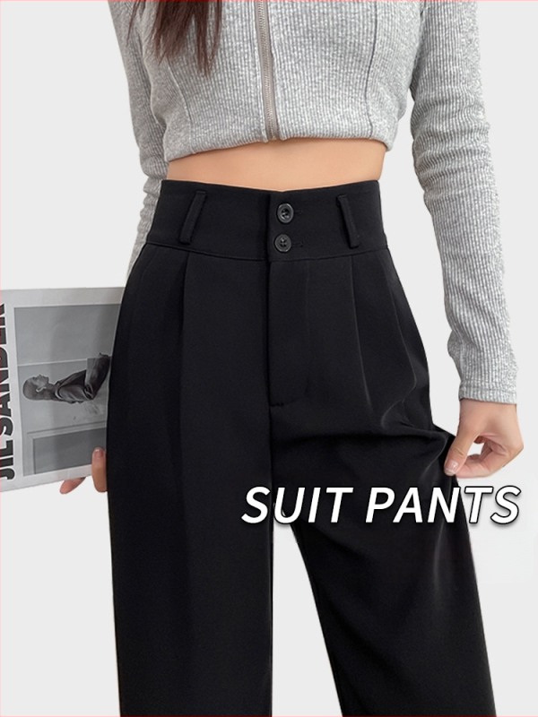 Keskeny méretű, bő szárú öltönynadrág, női tavaszi és őszi 2024-es, magas derekú, karcsúsító, fekete, lezser, egyenes szabású munkásnadrág nyárra
