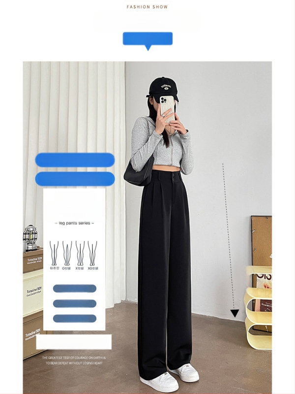 Keskeny méretű, bő szárú öltönynadrág, női tavaszi és őszi 2024-es, magas derekú, karcsúsító, fekete, lezser, egyenes szabású munkásnadrág nyárra