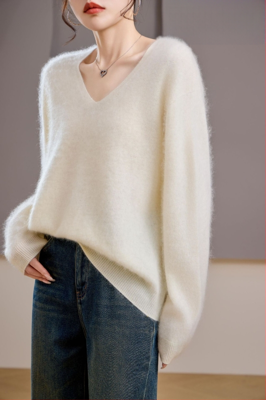 [Serie Fleece] Pulover din cașmir periat fără cusături, 5% cașmir, 95 lână, cu guler rotund/decolteu în V, 25 de ani nou