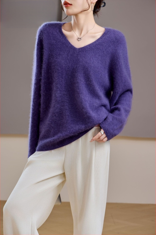 [Serie Fleece] Pulover din cașmir periat fără cusături, 5% cașmir, 95 lână, cu guler rotund/decolteu în V, 25 de ani nou