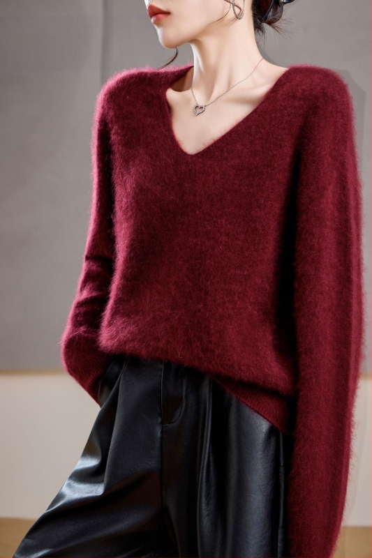 [Serie Fleece] Pulover din cașmir periat fără cusături, 5% cașmir, 95 lână, cu guler rotund/decolteu în V, 25 de ani nou