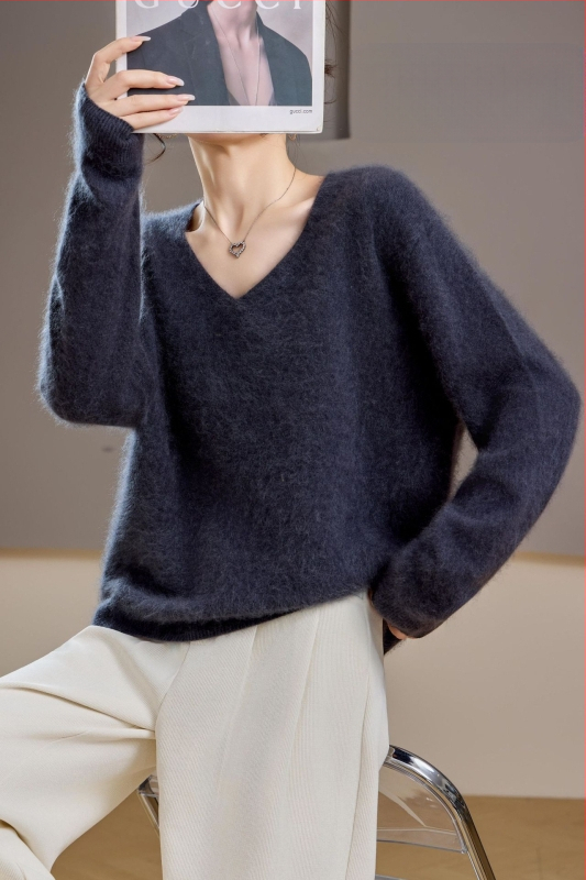 [Serie Fleece] Pulover din cașmir periat fără cusături, 5% cașmir, 95 lână, cu guler rotund/decolteu în V, 25 de ani nou