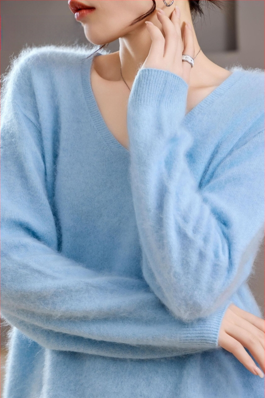 [Serie Fleece] Pulover din cașmir periat fără cusături, 5% cașmir, 95 lână, cu guler rotund/decolteu în V, 25 de ani nou