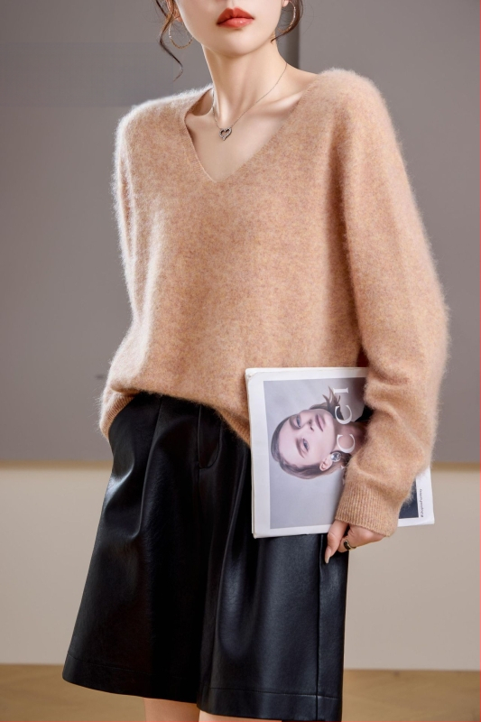 [Serie Fleece] Pulover din cașmir periat fără cusături, 5% cașmir, 95 lână, cu guler rotund/decolteu în V, 25 de ani nou