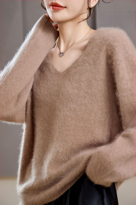 [Serie Fleece] Pulover din cașmir periat fără cusături, 5% cașmir, 95 lână, cu guler rotund/decolteu în V, 25 de ani nou