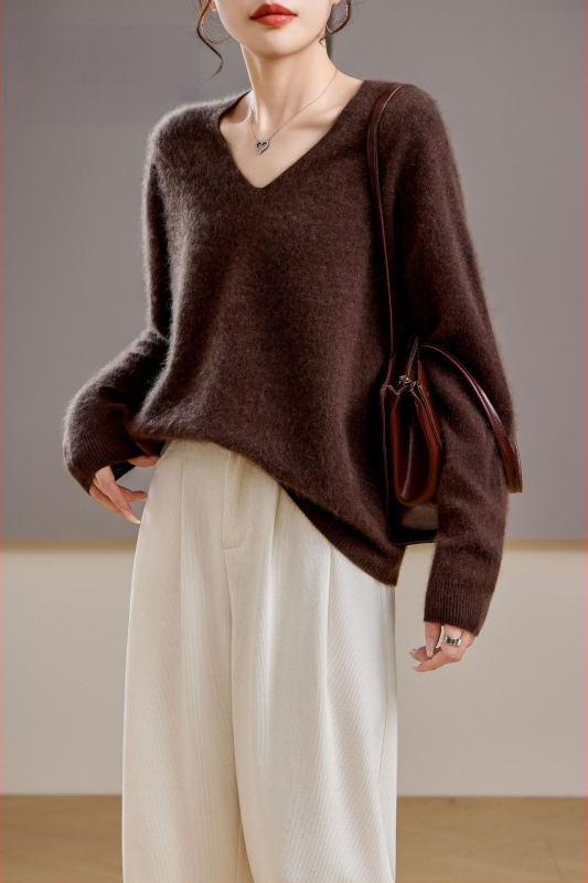 [Serie Fleece] Pulover din cașmir periat fără cusături, 5% cașmir, 95 lână, cu guler rotund/decolteu în V, 25 de ani nou