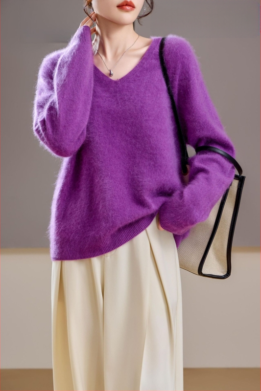 [Serie Fleece] Pulover din cașmir periat fără cusături, 5% cașmir, 95 lână, cu guler rotund/decolteu în V, 25 de ani nou