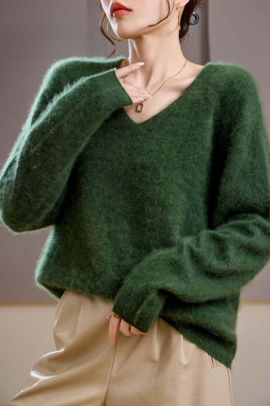 [Serie Fleece] Pulover din cașmir periat fără cusături, 5% cașmir, 95 lână, cu guler rotund/decolteu în V, 25 de ani nou