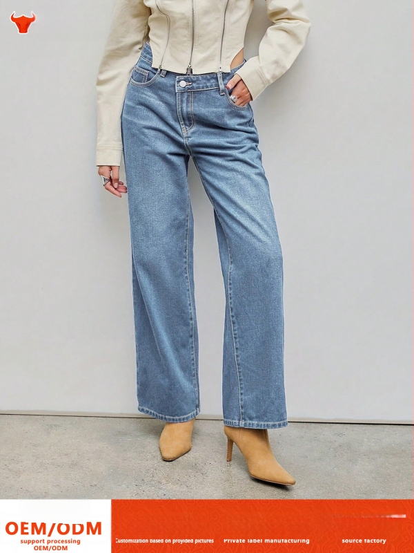 Határokon átnyúló külkereskedelem Amazon Európa és az Egyesült Államok retro világoskék farmer női vékony, egyenes csőből készült, bő, ferde, csatos farmernadrág