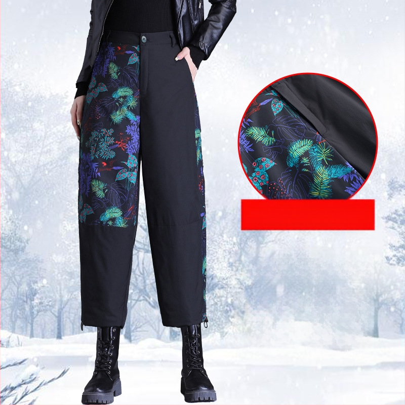 „Real-shot“ meniškos gėlėtos pūkinės moteriškos 2022 m. žiemos laisvos, raišteliu surišamos, didelio dydžio tiesios kelnės, šiltos kelnės