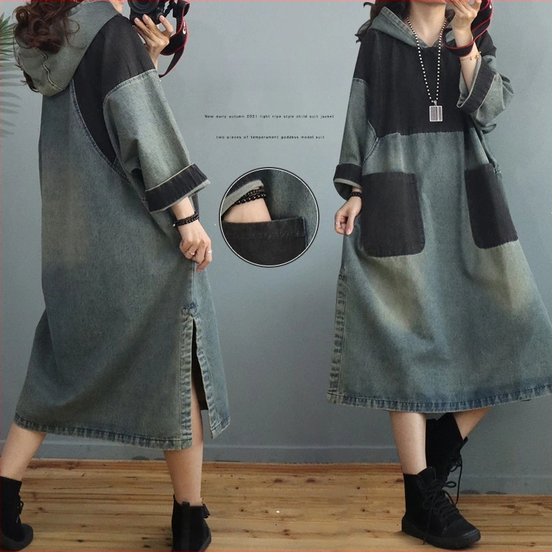 Tavaszi japán és koreai új kontrasztos színű farmer kapucnis, középhosszú, kopott fehér hasított, bő szoknyás női ruha