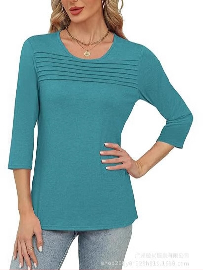 Amazon 2025 határokon átnyúló európai és amerikai női őszi és téli kerek nyakú, háromnegyedes ujjú, mellkasra húzott, rakott felső