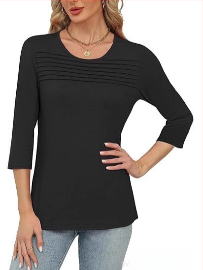 Amazon 2025 határokon átnyúló európai és amerikai női őszi és téli kerek nyakú, háromnegyedes ujjú, mellkasra húzott, rakott felső