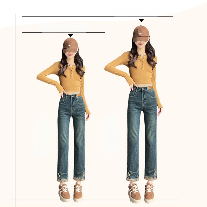 Vintage egyenes szárú farmer női 2025 tavaszi rugalmas Guofeng hímzéses keskeny kilencágú francia pipaszárnadrág