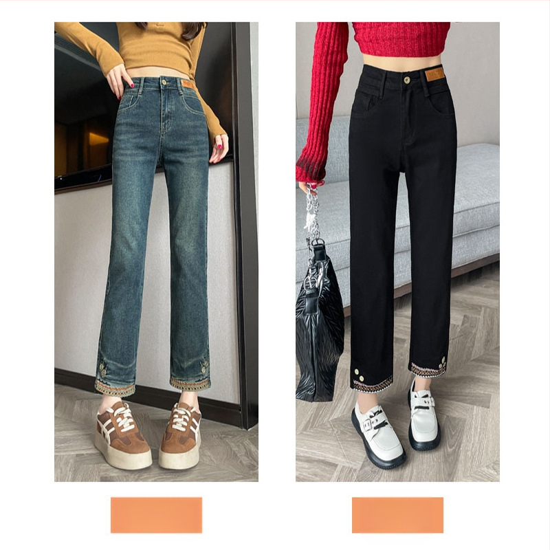 Vintage egyenes szárú farmer női 2025 tavaszi rugalmas Guofeng hímzéses keskeny kilencágú francia pipaszárnadrág