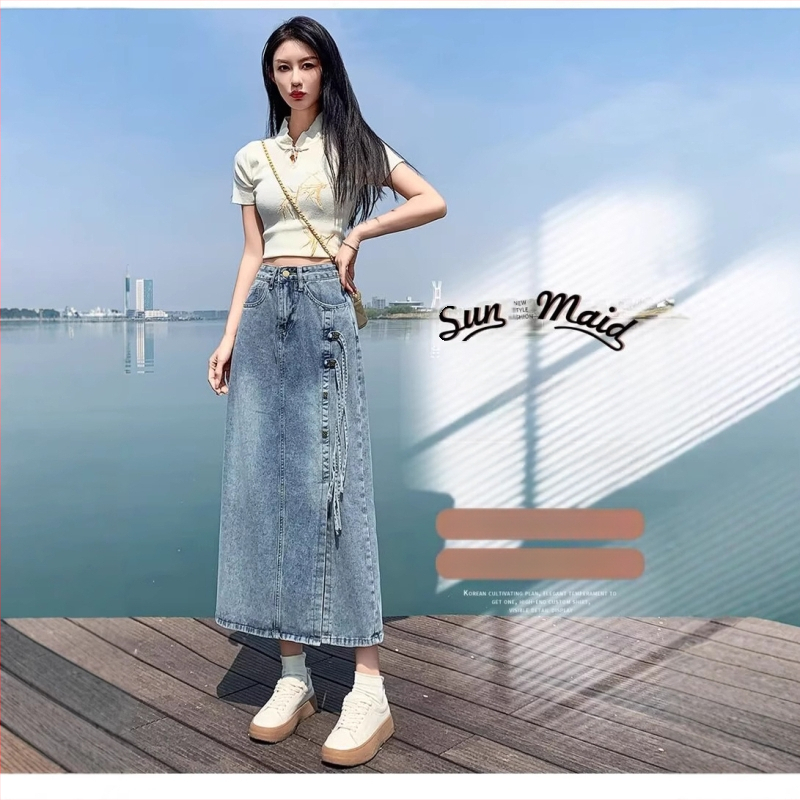 Trendi, sokoldalú, farmer midi szoknya nőknek 2024 nyár új, magas derekú, hasított, A-vonalú, testhezálló hosszú szoknya
