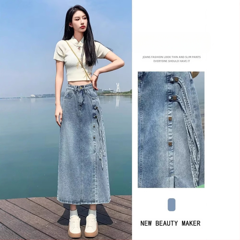 Trendi, sokoldalú, farmer midi szoknya nőknek 2024 nyár új, magas derekú, hasított, A-vonalú, testhezálló hosszú szoknya