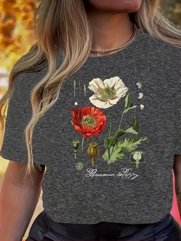 Női virágmintás, kerek nyakú, rövid ujjú póló - rózsaszín