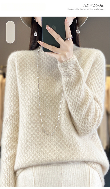 Pulover din lână pură 100% cu guler semi-înalt din fagure de miere pentru industrie grea, pulover tricotat cu mânecă lungă, lejer, cămașă de bază all-match