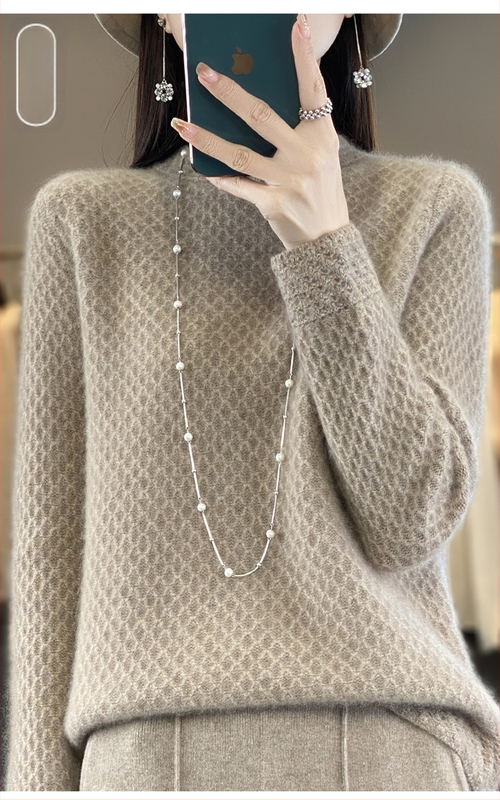 Pulover din lână pură 100% cu guler semi-înalt din fagure de miere pentru industrie grea, pulover tricotat cu mânecă lungă, lejer, cămașă de bază all-match