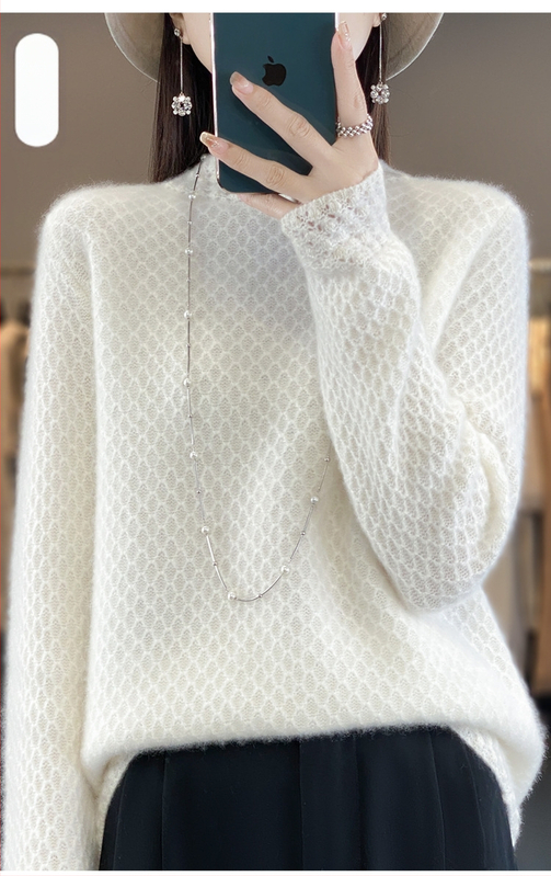 Pulover din lână pură 100% cu guler semi-înalt din fagure de miere pentru industrie grea, pulover tricotat cu mânecă lungă, lejer, cămașă de bază all-match