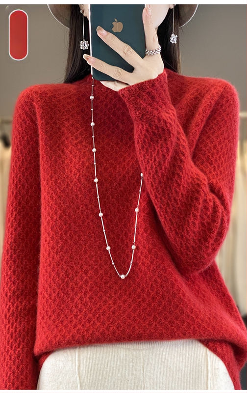 Pulover din lână pură 100% cu guler semi-înalt din fagure de miere pentru industrie grea, pulover tricotat cu mânecă lungă, lejer, cămașă de bază all-match