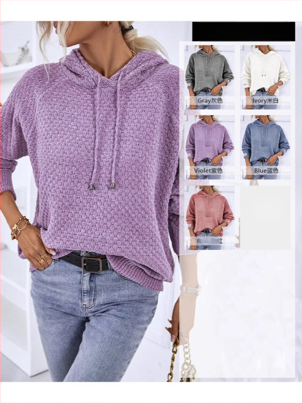2025-ös határokon átnyúló Amazon őszi és téli új, bő, kapucnis, kötött pulóver, foltos, tiszta színű pulóver