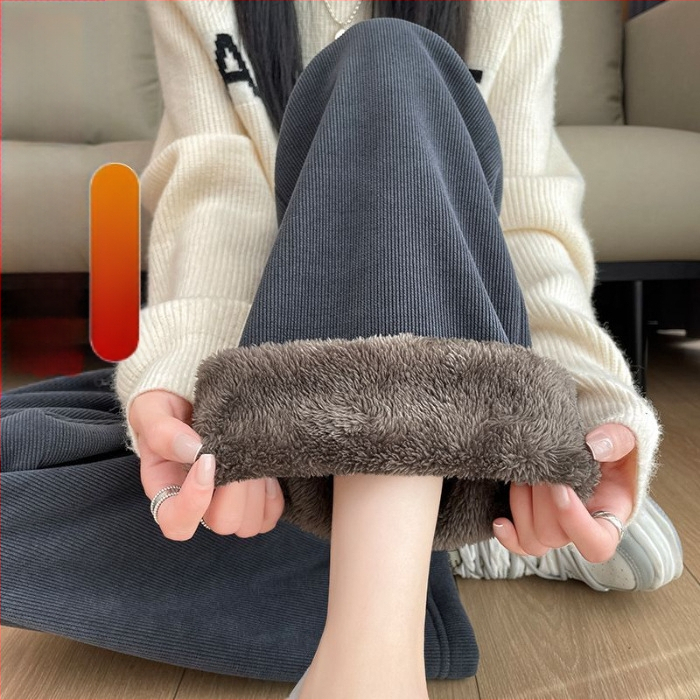 300 kg-os plus size női téli északkeleti viselet vastag báránygyapjúból készült, egyenes csőből készült, polár bélésű, meleg kordbársony nadrág, bő szárú