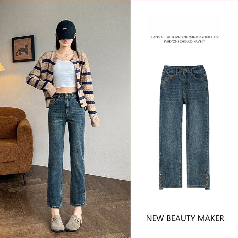 Kis 2024-es magas derekú őszi egyenes farmer új retró kék lábfejű gombos rövidített pipanadrág