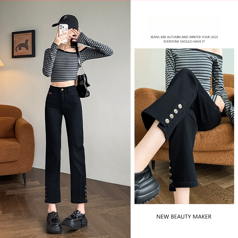 Kis 2024-es magas derekú őszi egyenes farmer új retró kék lábfejű gombos rövidített pipanadrág