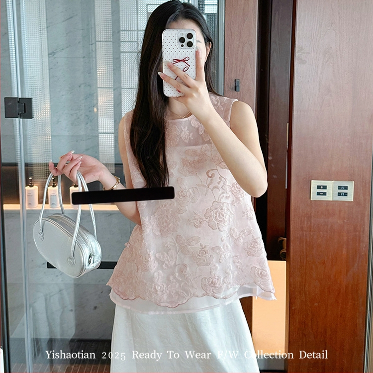 Nauja kiniško stiliaus žakardo siuvinėta tinklelio palaidinė moterims, vasarinė, naujo stiliaus apvali kaklo, švelni nacionalinio stiliaus sagomis puošta liemenė.