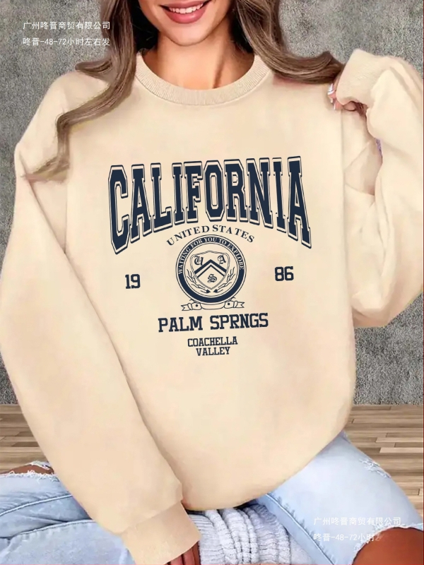 Női kaliforniai grafikás kapucnis pulóver - Vintage 1989 Palm Springs betűmintás, puha szürke kerek nyakú