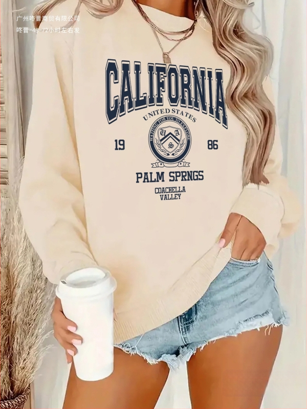 Női kaliforniai grafikás kapucnis pulóver - Vintage 1989 Palm Springs betűmintás, puha szürke kerek nyakú