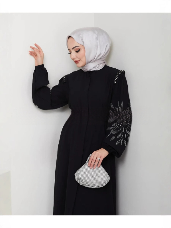 Európai és amerikai, határokon átnyúló, új stílusú, arab és közel-keleti, népszerű muszlim elegáns, hosszú ujjú, elegáns ruha strasszos gyöngyökkel