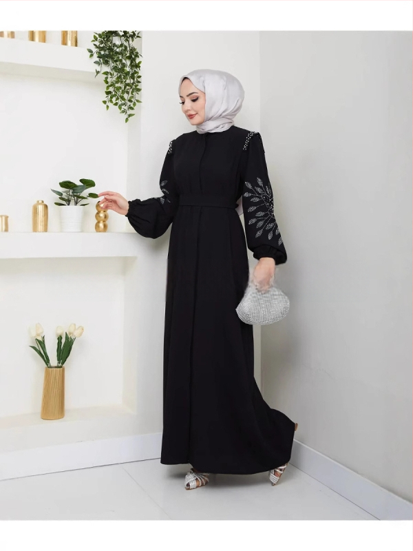 Európai és amerikai, határokon átnyúló, új stílusú, arab és közel-keleti, népszerű muszlim elegáns, hosszú ujjú, elegáns ruha strasszos gyöngyökkel