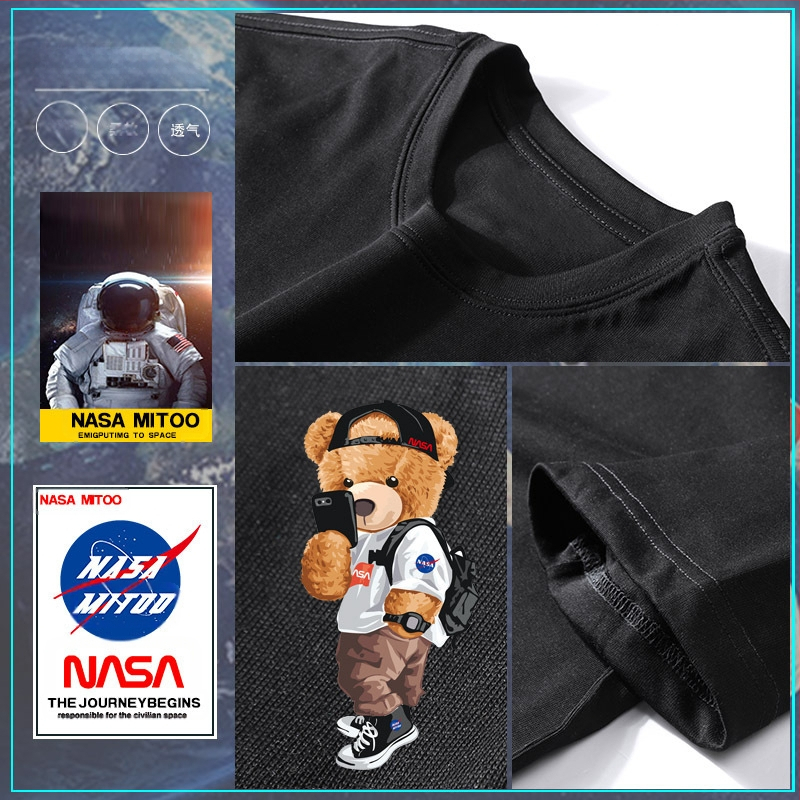 NASA Joint rövid ujjú férfi nyári póló, tiszta pamut, laza, divatos, márkás, bevarrt medvemintás páros félujjú, divatos felső