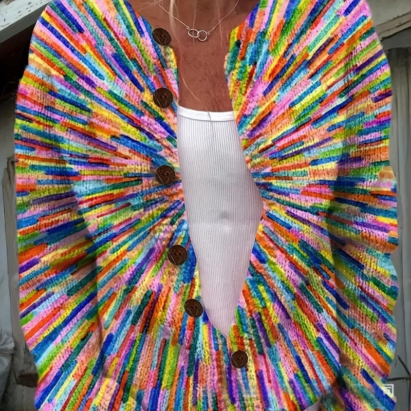 Európai és amerikai export női ruházati szivárvány színű mintás kötöttáru kötöttáru kardigán kabát gyári nagykereskedelem