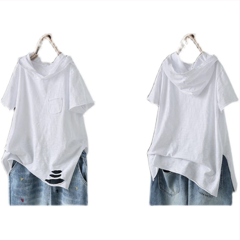 Egyszínű, rövid ujjú, kapucnis női póló, koreai stílusú, művészi, szaggatott, lezser fehér felsőrész
