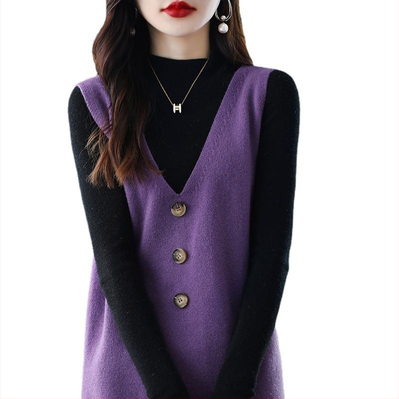 Őszi Új V-nyakú Kötött Mellényruha Hosszú Pulóver Gombos Egyszínű Laza Lezser Mellény Ujjatlan Ruha