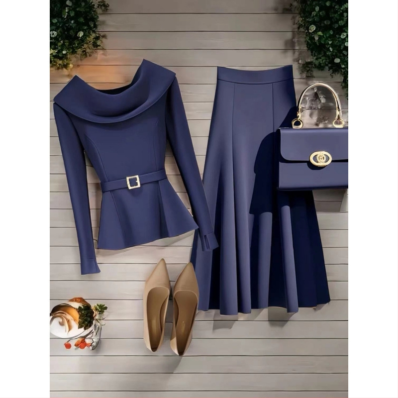 2024 m. aukščiausios klasės dizaino pojūtis, elegantiškas europietiškas kriaušės formos paveikslas, aukščiausios klasės, išskirtinis viršutinis sijonas, vientisos spalvos kostiumas moterims