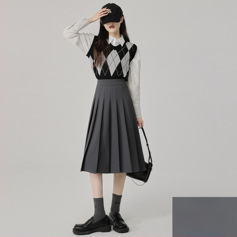 Szürke rakott szoknya Női közepes hosszúságú szoknya Tavasz Ősz és Tél 2025 Új Magas derekú A-vonalú szoknya Rövid szoknya Esernyőszoknya