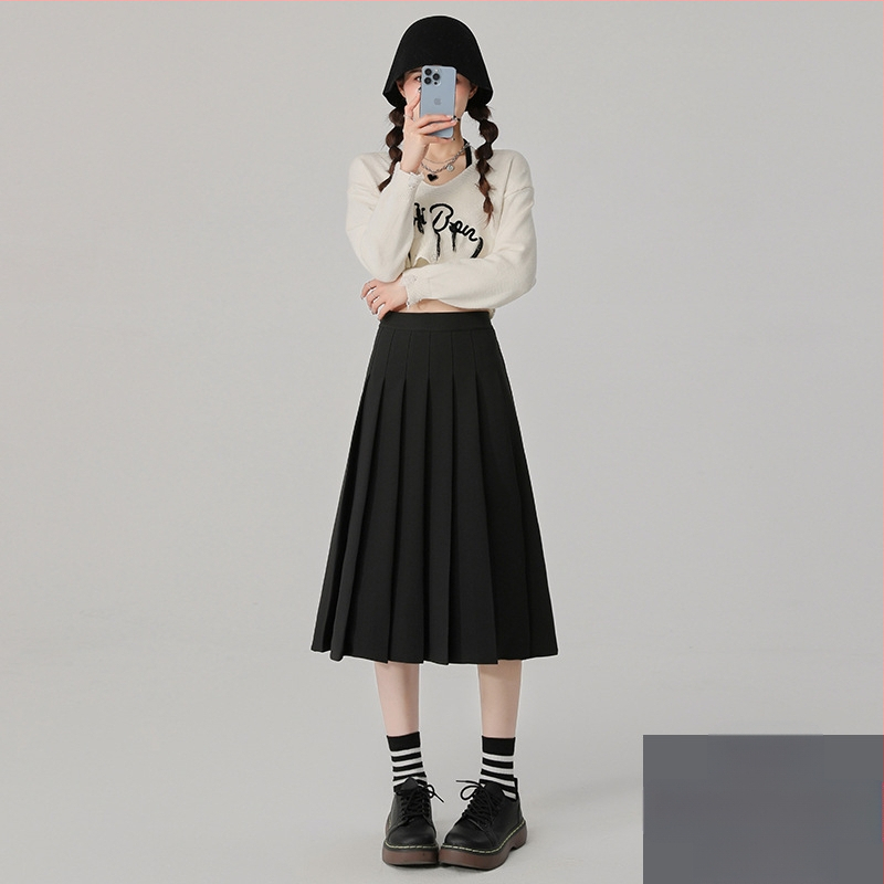 Szürke rakott szoknya Női közepes hosszúságú szoknya Tavasz Ősz és Tél 2025 Új Magas derekú A-vonalú szoknya Rövid szoknya Esernyőszoknya