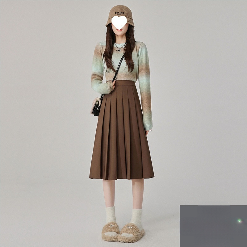 Szürke rakott szoknya Női közepes hosszúságú szoknya Tavasz Ősz és Tél 2025 Új Magas derekú A-vonalú szoknya Rövid szoknya Esernyőszoknya