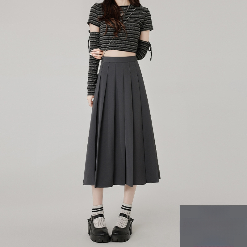 Szürke rakott szoknya Női közepes hosszúságú szoknya Tavasz Ősz és Tél 2025 Új Magas derekú A-vonalú szoknya Rövid szoknya Esernyőszoknya