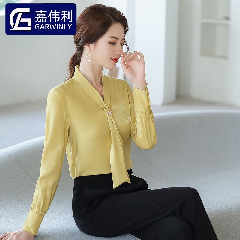 2019 Új Őszi Divatos Avokádó Zöld Sifon Női Hosszú Ujjú V-nyakú, Bőrtakaró, Minden Méretre Egyező Western Stílusú Nyakkendős Ing